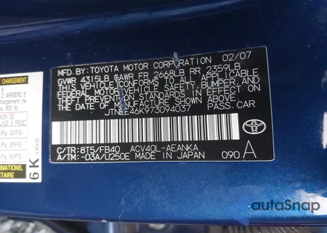 2007 Toyota Camry Le z USA, uszkodzony, nr VIN JTNBE46K973094037